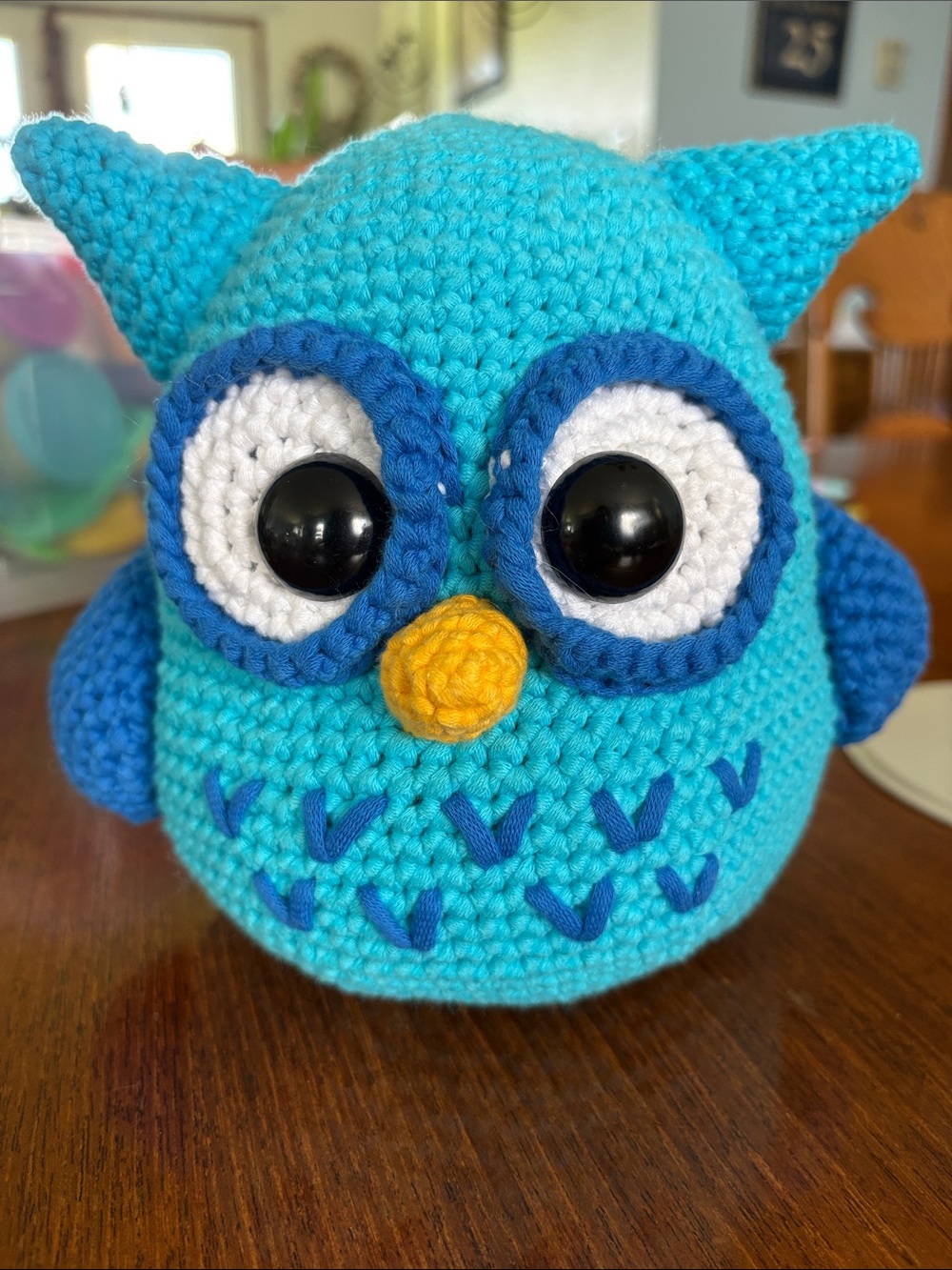 Handmade Crochet Blue Owl Plush with Yellow Beak